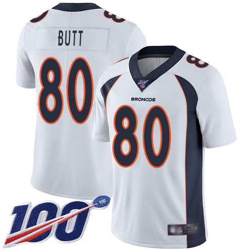 Men Denver Broncos 80 Jake Butt White Vapor Untouchable Limited Player 100th Season Football NFL Jersey